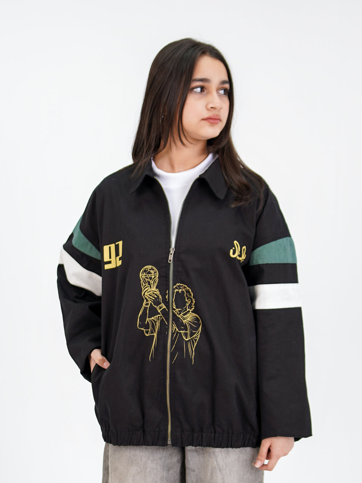 Cornered Tigers '92 jacket side view — elasticated hem and sleeve stripes, unisex fit