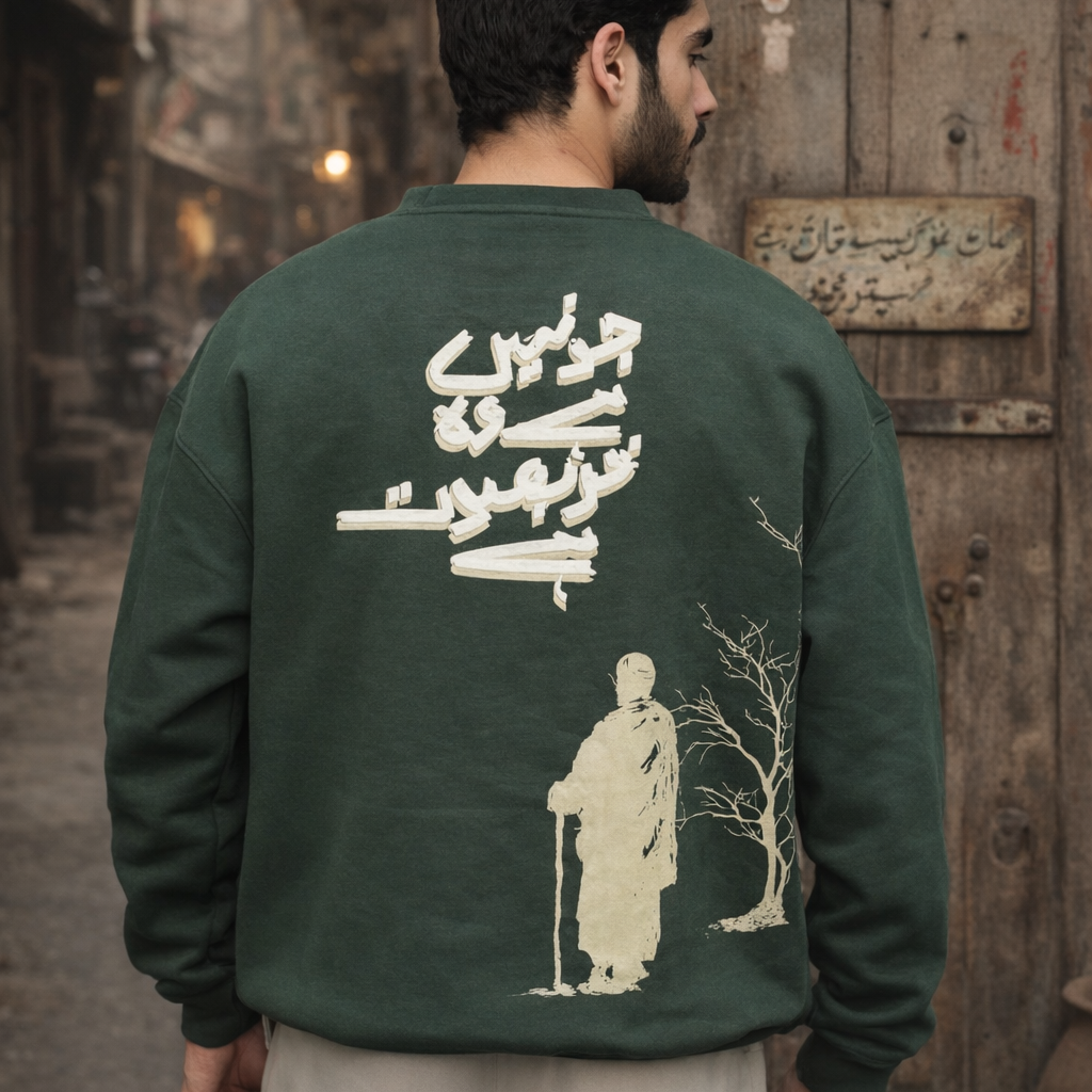 Person wearing a green sweatshirt with Arabic text and a silhouette design, standing in front of a rustic wooden door.