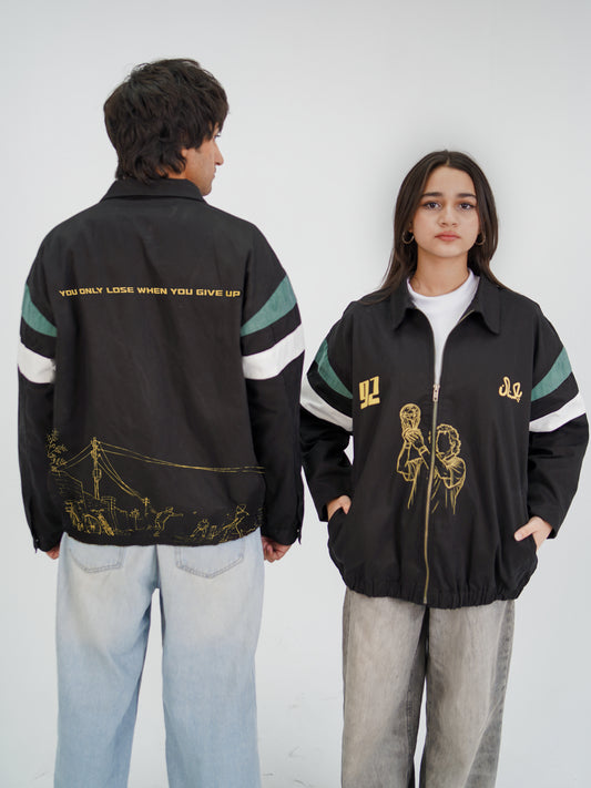 Cornered Tigers '92 jacket by Rakh — black twill jacket with gold 1992 World Cup print, worn by two models